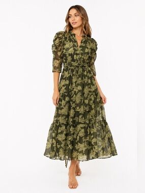 Moon River Envy Dress Green Floral Midi Puff Sleeve XS Boho Cottagecore